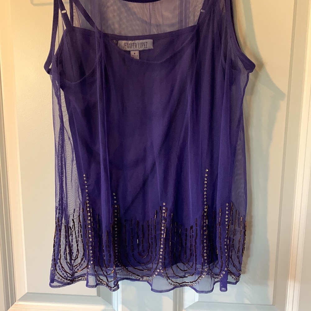 JLO Purple Sheer Top Vintage Jennifer Lopez Sequin Beaded Tank Top Womens Size M